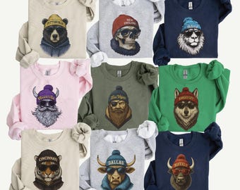 Retro City Animal Retro 90s Style Sweatshirt, Cozy Beanie Animal Crewneck, Vintage Wildlife Pullover, Cute Animal Lover Gift