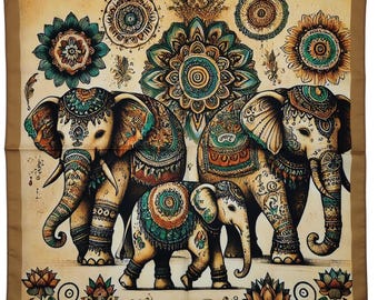 Satin Elephant Mandala Scarf, Boho Spiritual Head Scarf (19x19 Inches)