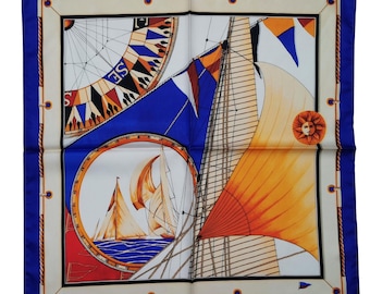 Sailing Boat Satin Scarf, Nautical Compass Print Bandana