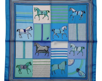 Horse Print Satin Bandana, Equestrian Square Scarf 19x19 Inches, Horse Lover Hair Scarf, Blue Horse Pattern Headwrap, Equestrian Accessory