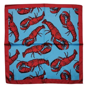Lobster Print Bandana Blue Red Satin Scarf 18x18 Inches, Fun Summer Bandana, Beach Hair Scarf, Cute Seafood Pattern Scarf