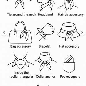 May include: Line drawings illustrating various ways to wear a scarf or accessory. Depicted uses include a tie around the neck, headband, hair tie, bag accessory, bracelet, hat accessory, collar anchor, and pocket square.