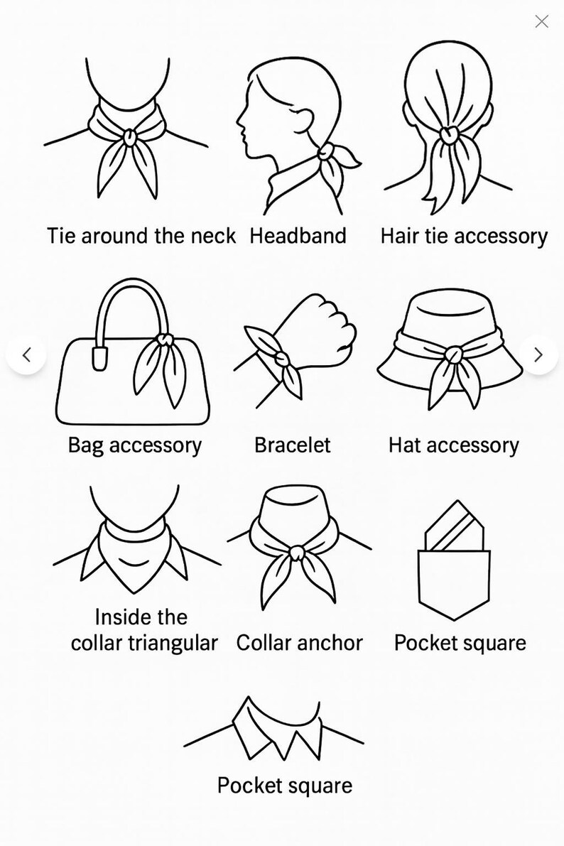 May include: Line drawings illustrating various ways to wear a scarf or accessory. Depicted uses include a tie around the neck, headband, hair tie, bag accessory, bracelet, hat accessory, collar anchor, and pocket square.