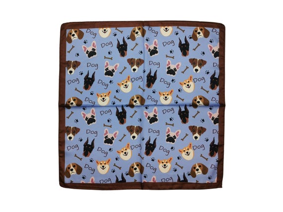 Dog Print Satin Bandana, Light Blue Square Scarf 20x20 inches, Silky Viscose Dog Lover Scarf, Cute Pet Paw Print Bandana, Corgi Beagle Gift