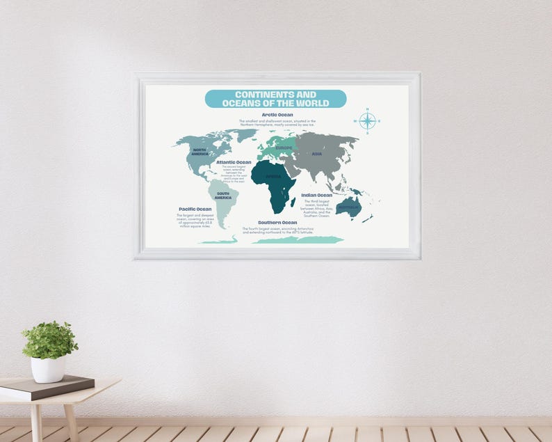 World Map Print – Continents and Oceans, Educational Geography (digital ...