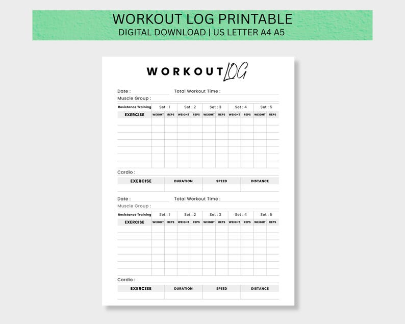 Workout Log Printable | Gym & Cardio Fitness Tracker (US Letter, A4, A5 ...