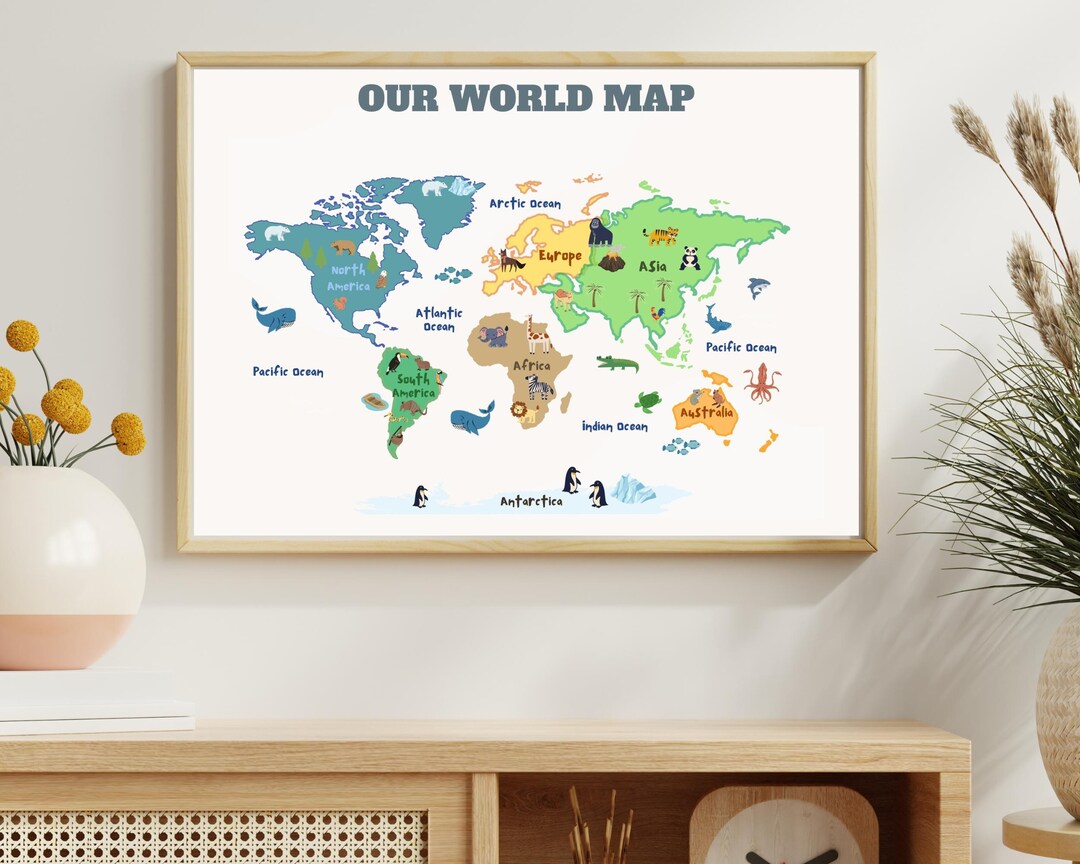 Kids Animal World Map Print – Educational Nursery Decor (digital ...