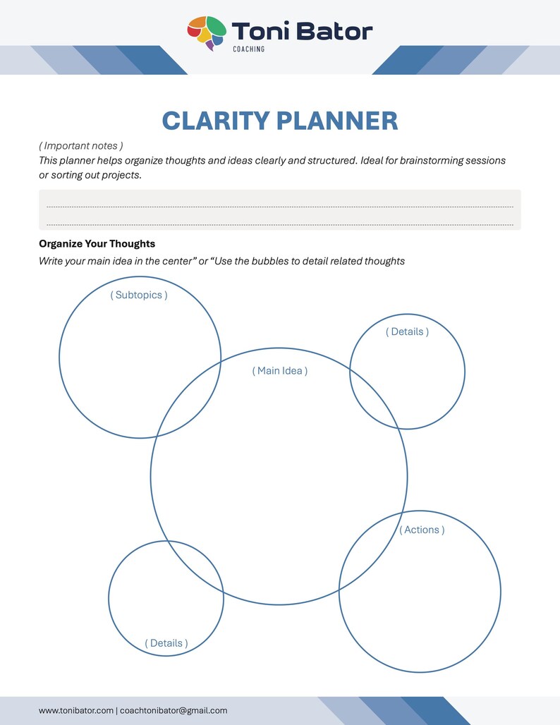 May include: A white Clarity Planner with blue text and a circular diagram for organising thoughts. The planner includes sections for main ideas, subtopics, details, and actions, with the Toni Bator Coaching logo at the top.