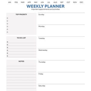 May include: A white weekly planner featuring the text "WEEKLY PLANNER" and "Important appointments and activities". It has sections for top priorities, to-do lists, and notes, with days of the week. The Toni Bator Coaching logo is at the top.