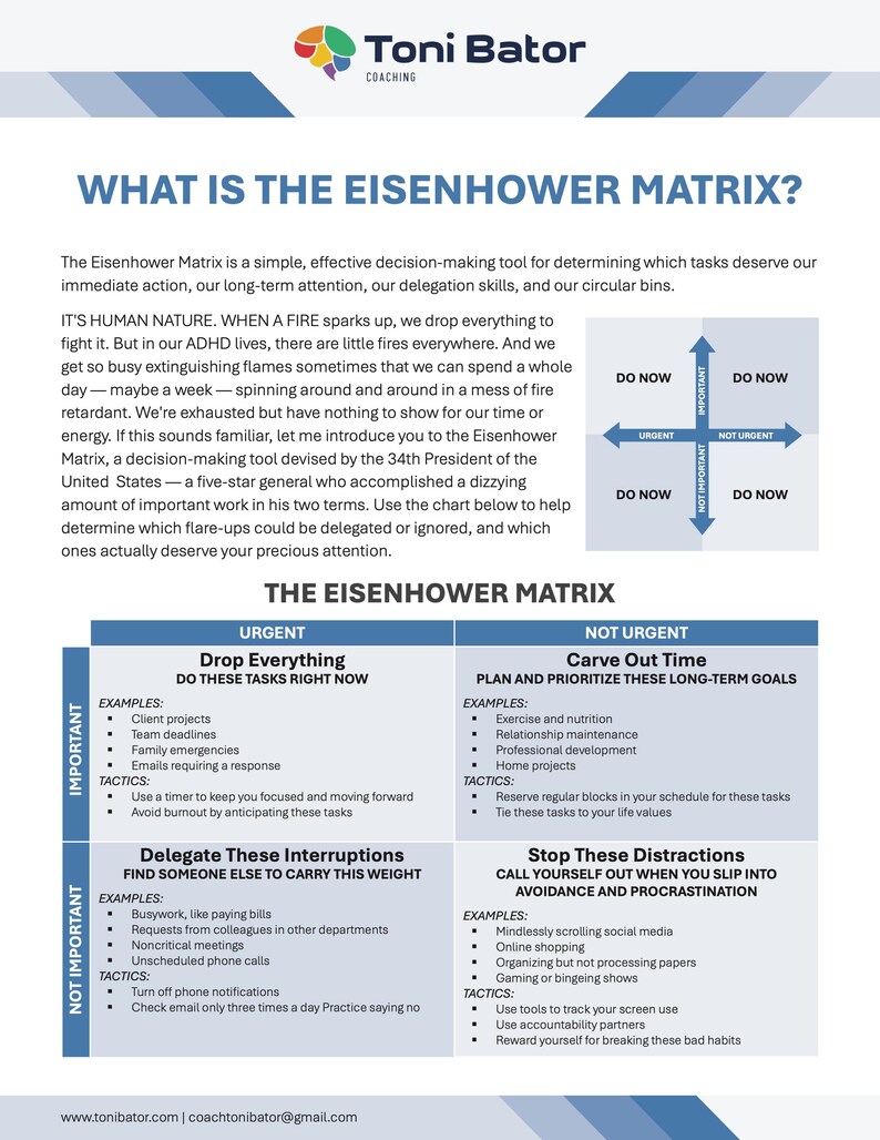 May include: An infographic from Toni Bator Coaching, explaining the Eisenhower Matrix. The chart, titled "What is the Eisenhower Matrix?", categorises tasks by urgency and importance, offering time management strategies like delegation and prioritisation.