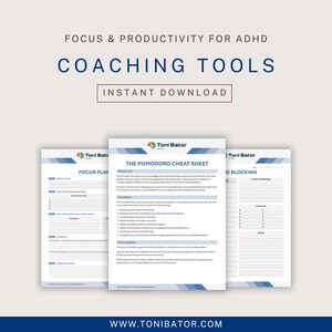 May include: A digital download graphic with the text "FOCUS & PRODUCTIVITY FOR ADHD COACHING TOOLS INSTANT DOWNLOAD". The image shows three sheets of paper with the text "THE POMODORO CHEAT SHEET", "FOCUS PLAN", and "IE BLOCKING".