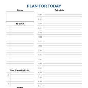 May include: A white daily planner with the title "PLAN FOR TODAY" and a schedule grid. It features sections for focus, to-do list, meal plan, hydration, and water intake. The Toni Bator Coaching logo is at the top.