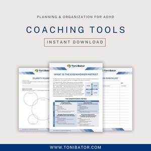 May include: A digital download graphic with the text "COACHING TOOLS" and "INSTANT DOWNLOAD". The image features three worksheets with the text "CLARITY PLAN", "WHAT IS THE EISENHOWER MATRIX?", and "CS CHECKLIST".