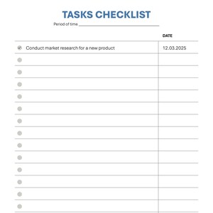 May include: A white tasks checklist with the Toni Bator Coaching logo at the top. The checklist includes a section for the period of time and a date. The first task listed is "Conduct market research for a new product" with a date of 12.03.2025.