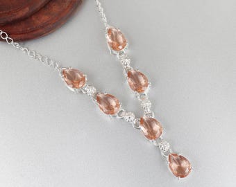 Sterling Silver Pear Cut Morganite Necklace, Peach Gemstone Jewelry