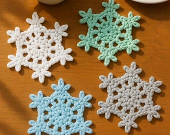 Patrón de posavasos de copo de nieve a crochet: Decoración invernal para principiantes (Patrón en PDF)