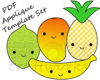 Cute Kawaii Fruit PDF Applique Template Pattern Set of 4 - Lime, Mango, Pineapple, Banana