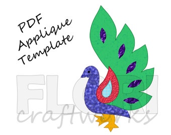 Peacock Applique Template Pattern: PDF Applique Template, Indian peacock design