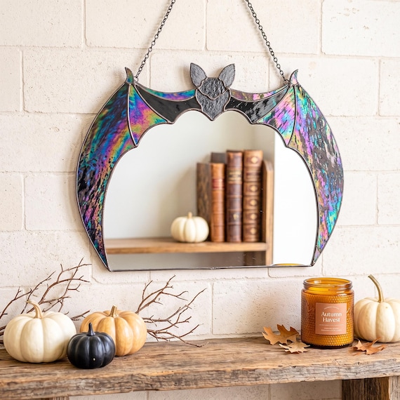 Stained Glass Bat Mirror, Gothic Wall Decor, Halloween Decoration, Witchy Gift, Spooky Hanging Art, Vampire Home Decor