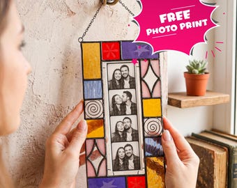 Stained Glass Photobooth Frame, Photo Strip Suncatcher, Window Hanging Picture Holder, Handmade Glass Art Gift