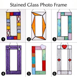 Six rectangular stained glass photobooth frames with metal solder lines, each featuring unique designs: multi-colored geometric patterns, orange accents, iridescent blue tones, solid purple, a heart-topped frame, and a white frame with red hearts.