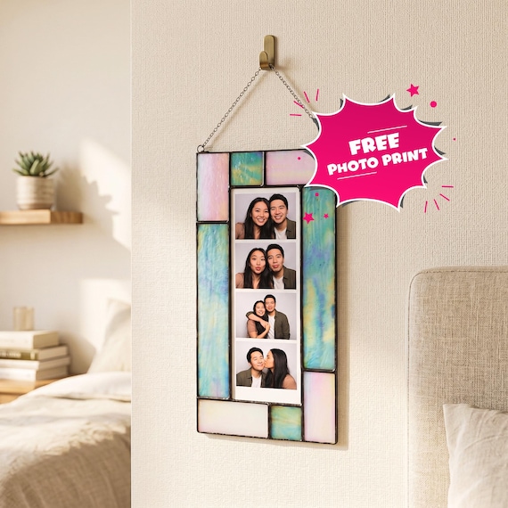 Stained Glass Photobooth Picture Frame, 2x6 Photo Strip Holder, Hanging Picture Display, Handmade Glass Art Gift