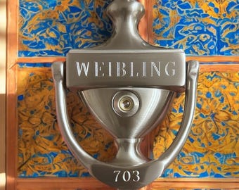 Custom Engraved SATIN NICKEL "Ivoryton" Style Solid Brass Door Knocker - 7" with Viewer