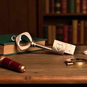 May include: A vintage-style USB flash drive shaped like a key, with a heart-shaped design on the key's head. The key is made of a metallic material and rests on a wooden surface, alongside a pen and a book.