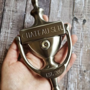 Custom Engraved SATIN NICKEL &quot;Ivoryton&quot; Style Solid Brass Door Knocker - 7&quot; with Viewer