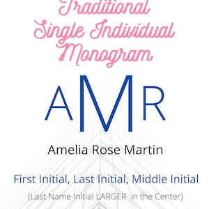 Puede incluir: Un monograma azul con las letras "AMR" en un estilo tradicional. La letra del medio "M" es m&aacute;s grande que las otras dos letras. El texto debajo del monograma dice "Amelia Rose Martin" y explica que el monograma representa las iniciales del nombre, el apellido y el segundo nombre.
