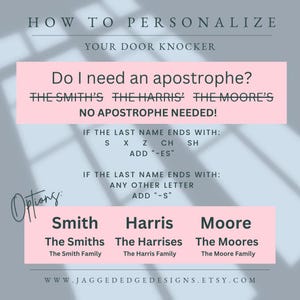 Puede incluir: Un gr&aacute;fico rosa y blanco con el texto "C&oacute;mo personalizar tu llamador de puerta" e instrucciones sobre c&oacute;mo agregar un ap&oacute;strofe a un apellido. El gr&aacute;fico incluye ejemplos de los apellidos Smith, Harris y Moore.