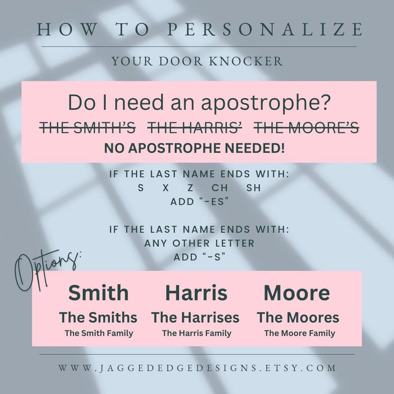 Puede incluir: Un gr&aacute;fico rosa y blanco con el texto "C&oacute;mo personalizar tu llamador de puerta" e instrucciones sobre c&oacute;mo agregar un ap&oacute;strofe a un apellido. El gr&aacute;fico incluye ejemplos de los apellidos Smith, Harris y Moore.