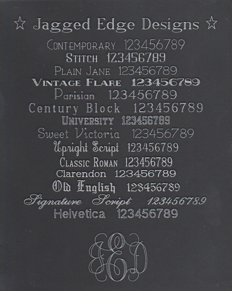 Puede incluir: Una imagen en blanco y negro que muestra una lista de diferentes estilos de fuente con el texto "Jagged Edge Designs" en la parte superior. Los estilos de fuente se enumeran con sus nombres y los n&uacute;meros 123456789. La imagen tambi&eacute;n incluye un monograma estilizado de las letras "ED".