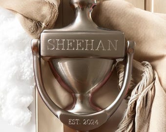 Custom Engraved SATIN NICKEL "Ivoryton ll" Style Solid Brass Door Knocker - 7"