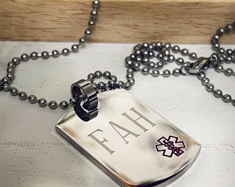 Custom Engraved Stainless Steel Dog Tag Medical Pendant Necklace - Engraving Included