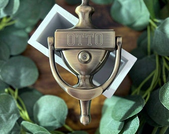 Custom Engraved ANTIQUE BRASS "Ivoryton" Style Solid Brass Door Knocker - 7" with Viewer