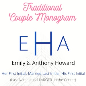 Puede incluir: Un monograma azul con las iniciales EHA, que representan a Emily & Anthony Howard. La inicial del medio, H, es m&aacute;s grande que las otras dos iniciales. El texto "Traditional Couple Monogram" est&aacute; escrito en cursiva rosa sobre las iniciales. El texto "Her First Initial, Married Last Initial, His First Initial (Last Name Initial LARGER in the Center)" est&aacute; escrito debajo de las iniciales.