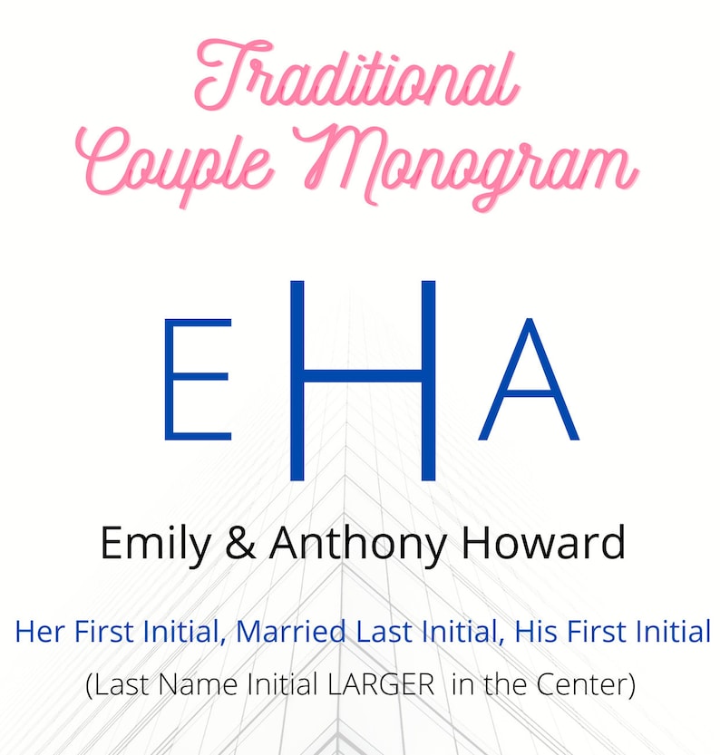 Puede incluir: Un monograma azul con las iniciales EHA, que representan a Emily & Anthony Howard. La inicial del medio, H, es m&aacute;s grande que las otras dos iniciales. El texto "Traditional Couple Monogram" est&aacute; escrito en cursiva rosa sobre las iniciales. El texto "Her First Initial, Married Last Initial, His First Initial (Last Name Initial LARGER in the Center)" est&aacute; escrito debajo de las iniciales.