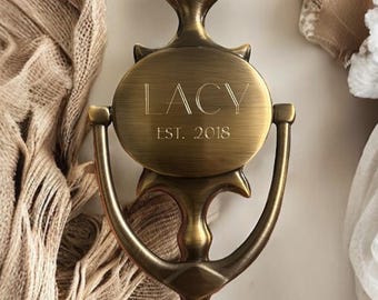 Custom Engraved ANTIQUE BRASS "Roxbury" Style Solid Brass Door Knocker - 7-3/4"