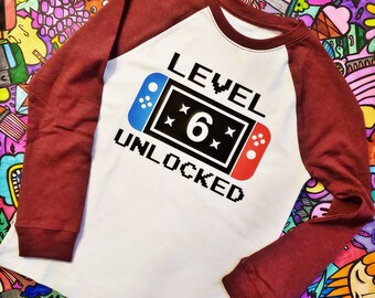 Sixth Birthday LEVEL UNLOCKED Baseball T-Shirt Long Sleeve | Nintendo Switch | Gamer | Video Game | Birthday Shirt | 6 Years Old