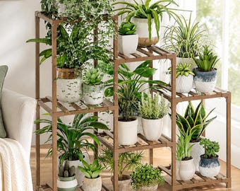 Plant Stand Indoor Plant Shelf Outdoor Wood Plant Rack for Multiple Plants 3 Tiers Ladder Plant Holder for Living Room Patio Boho Home Decor