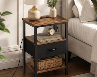 Nightstand with Charging Station, Bed Side Table with Adjustable Fabric Drawer, Night Stand for Bedroom 3-Tier Storage End Table Brown/Black