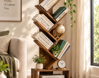 6 Tier Tree Book shelf - Small Bookcase and Small Bookshelf for Small Spaces, 15.0-Inch Wide Rustic Standing Organizer with Six Divided Book