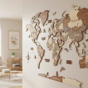 May include: A wooden world map mounted on a wall, featuring countries in varying shades of brown and beige. The map includes country names like Russia and China. A compass rose is also included.