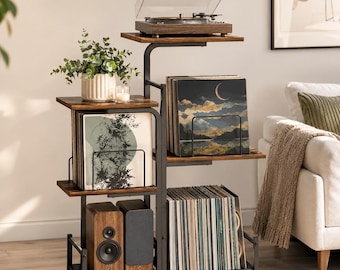 Planter Record Player Stand with Vinyl Storage Vintage Turntable Table Cabinet LP Record Holder Display Shelf Wooden Album Organizer
