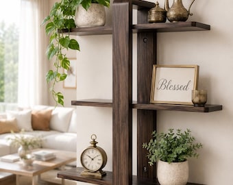 Walnut Modern Floating Wall Shelf, Rustic Wooden Organizer Decor