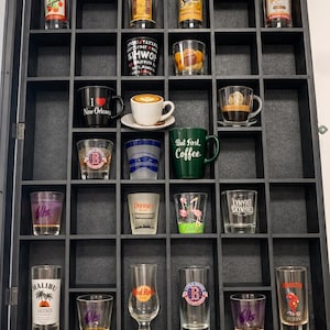 Black Wall-Mounted -Curio & Shot Glass Display Case -17"x32" Glass Door - Bar Accessories -Collectible Miniature Glassware - Bar Accessories