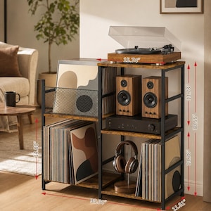 May include: A multi-tiered audio storage unit with a turntable, speakers, and vinyl records. The unit is 30.04 inches wide, 14.80 inches high, and 11.81 inches deep. The top shelf holds a turntable, while the middle shelf has speakers and an amplifier. The bottom shelves store vinyl records.