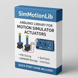 Könnte beinhalten: Eine blau-weiße Box mit der Aufschrift "SimMotionLib" und "ARDUINO LIBRARY FOR MOTION SIMULATOR ACTUATORS". Die Box zeigt eine Illustration eines Arduino-Boards und Motion-Simulator-Aktuatoren. Der Text "QUICK START GUIDE INCLUDED" ist ebenfalls sichtbar.