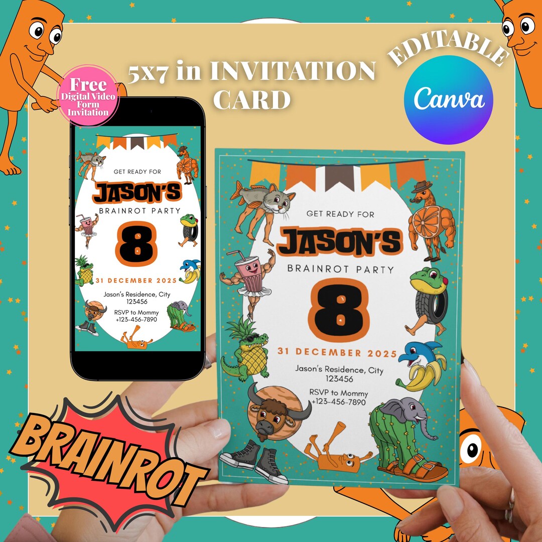 Brainrot Birthday Invitation: Funny Meme Party, Editable Canva Template ...